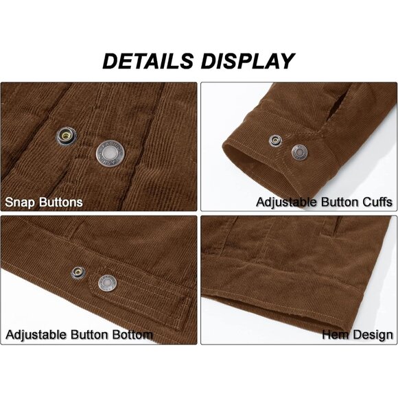 Mens Brown Corduroy Jacket Sherpa Lined Warm Winter Trucker Cargo Coat - Picture 7 of 7
